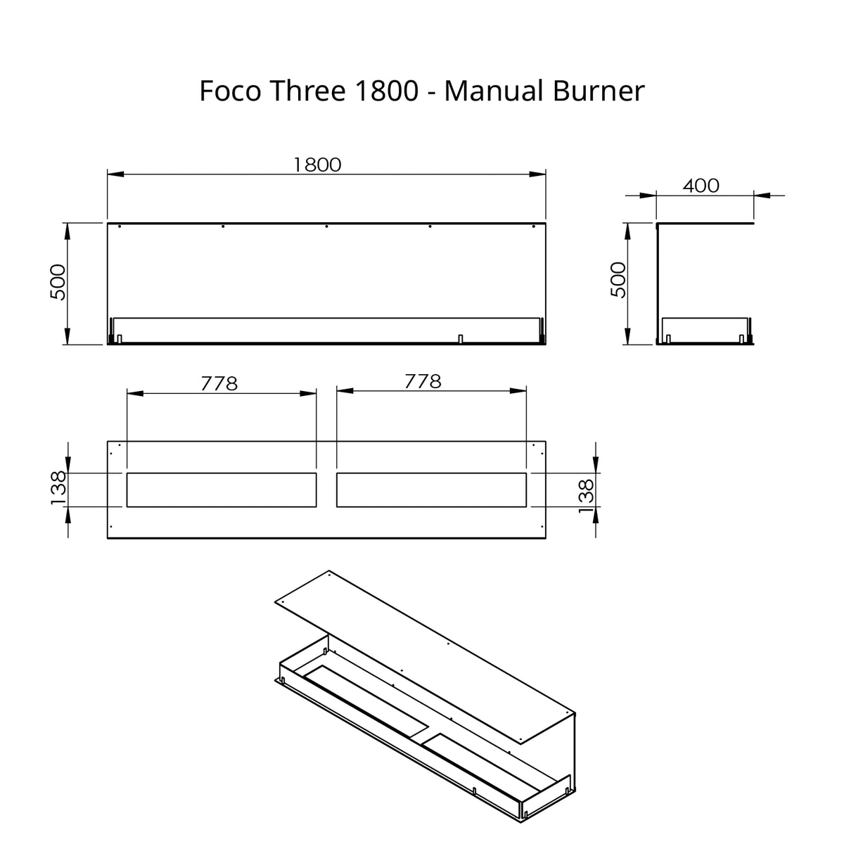 FOCO Three 1800 Built-in Bioethanol Fireplace - technical drawing