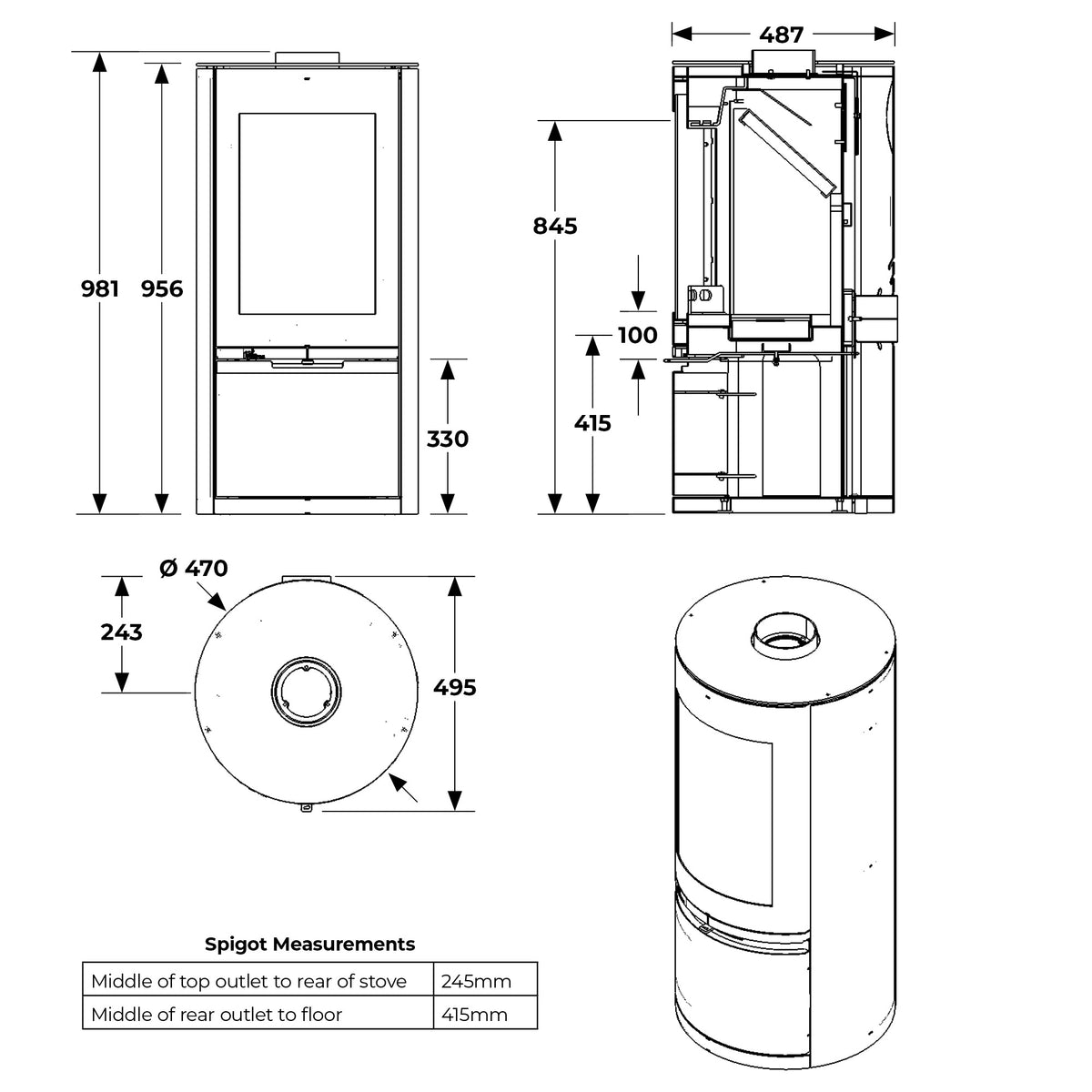 MI Fires Rondo with Door 4.9kW Woodburning — dimensional drawing