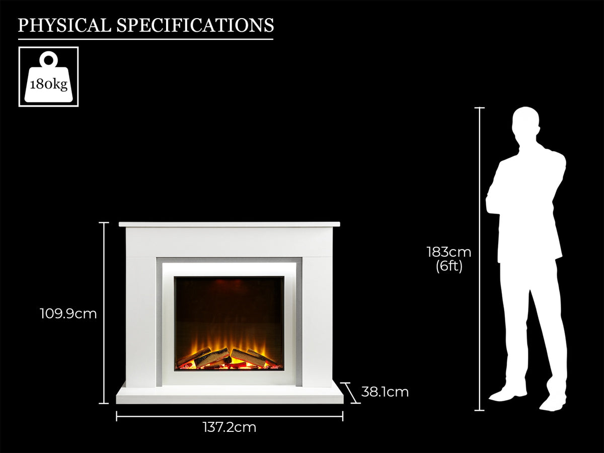 Acantha Milano White & Sparkly Grey Marble Electric Fireplace Suite, 54 Inch – view 6