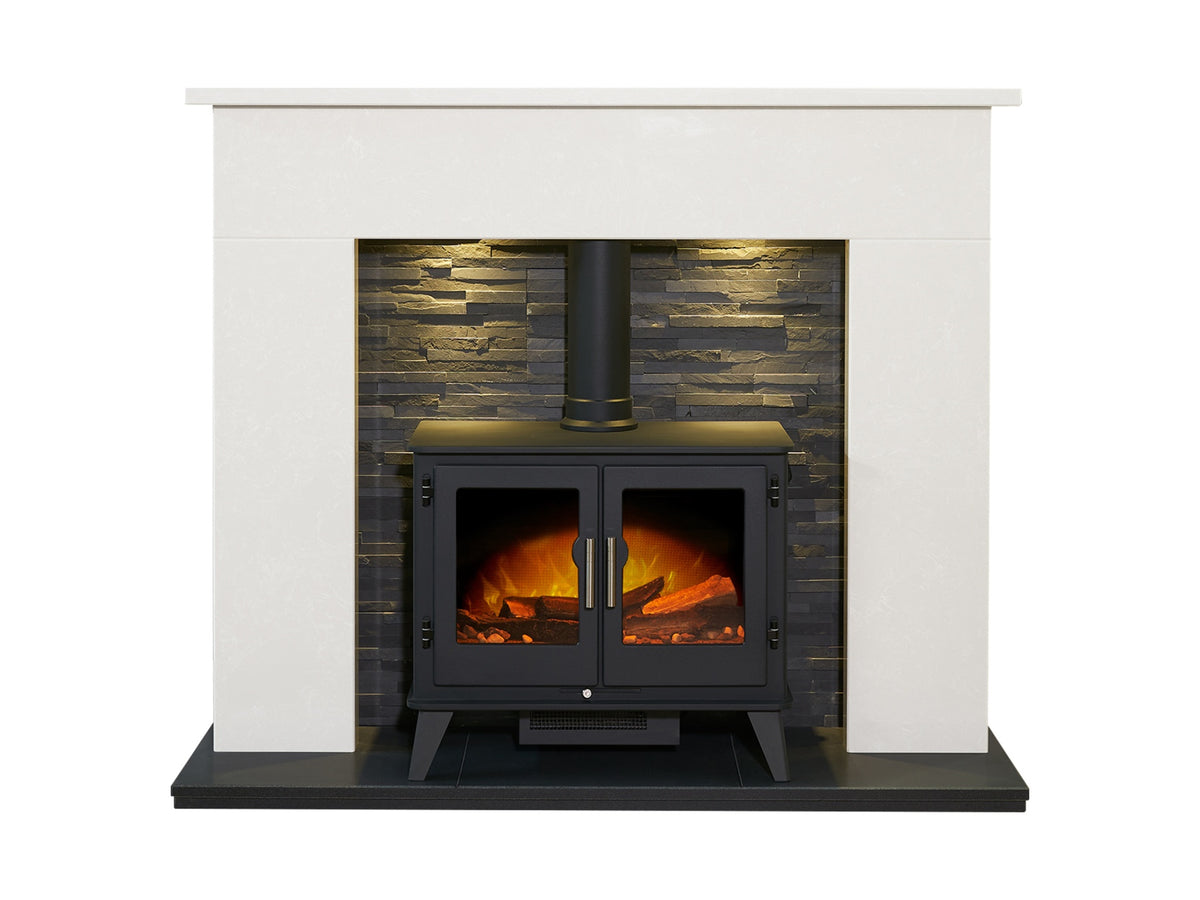 Acantha Toledo Perola Marble Fireplace with Adana Electric Stove in Charcoal Grey & Downlights, 54 Inch – view 1