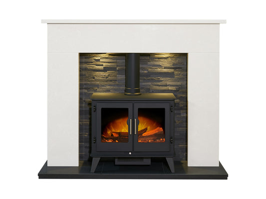 Acantha Toledo Perola Marble Fireplace with Adana Electric Stove in Charcoal Grey & Downlights, 54 Inch – view 1