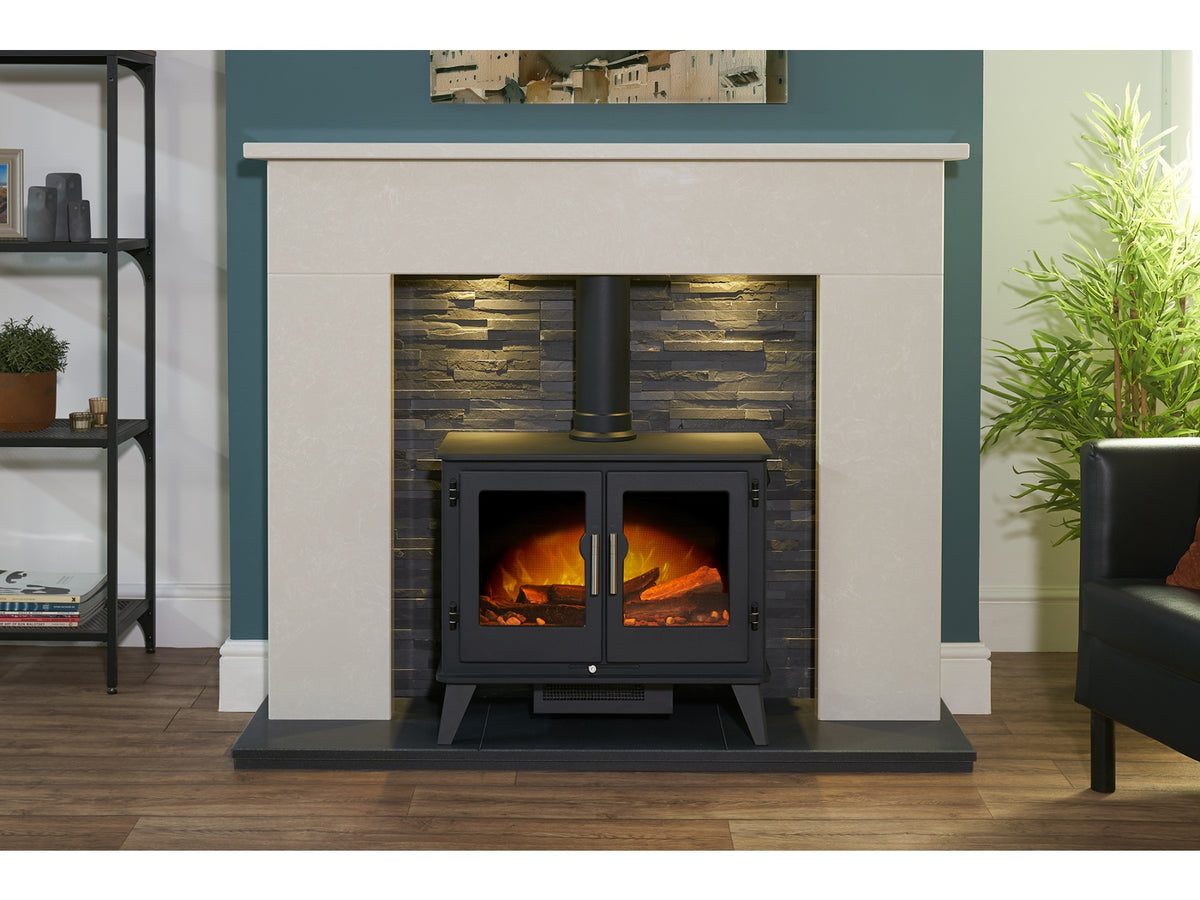 Acantha Toledo Perola Marble Fireplace with Adana Electric Stove in Charcoal Grey & Downlights, 54 Inch – view 6