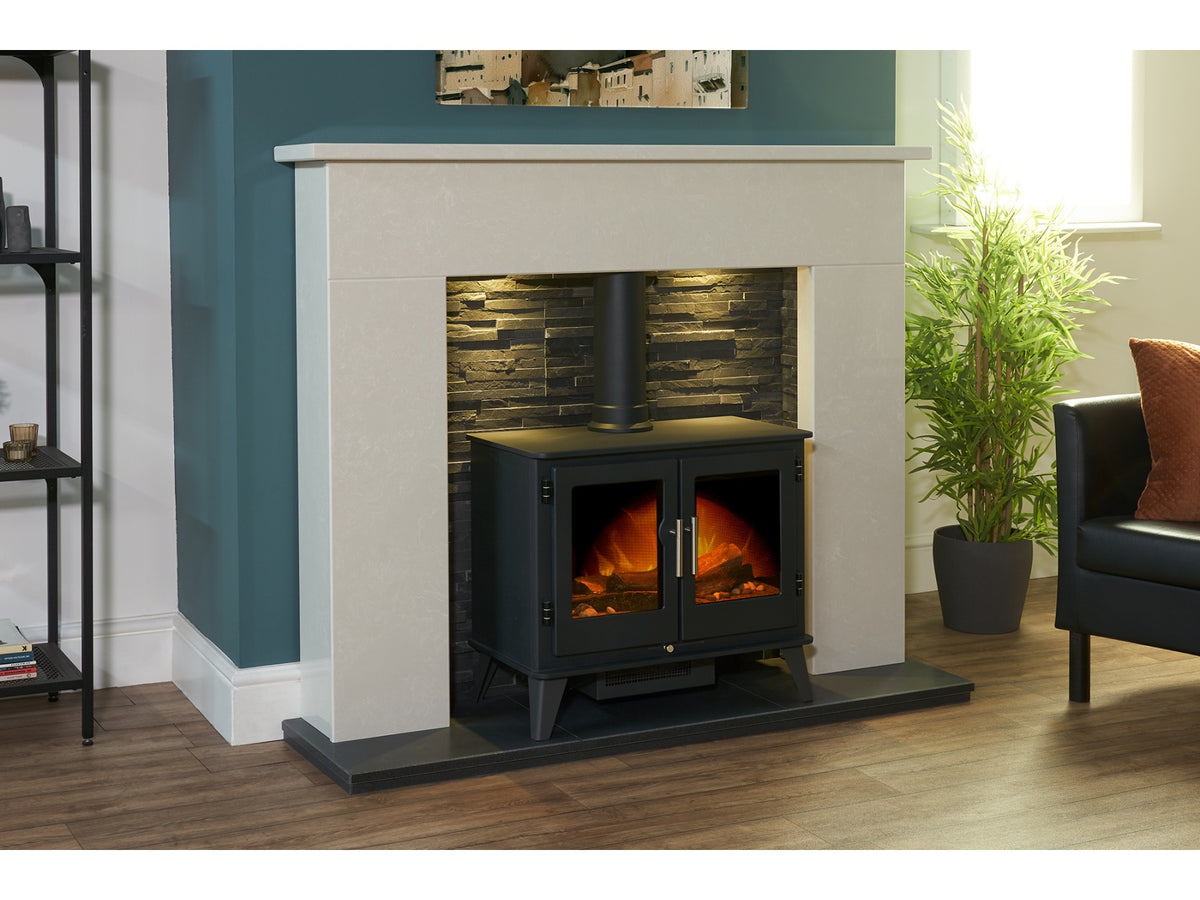 Acantha Toledo Perola Marble Fireplace with Adana Electric Stove in Charcoal Grey & Downlights, 54 Inch – view 2