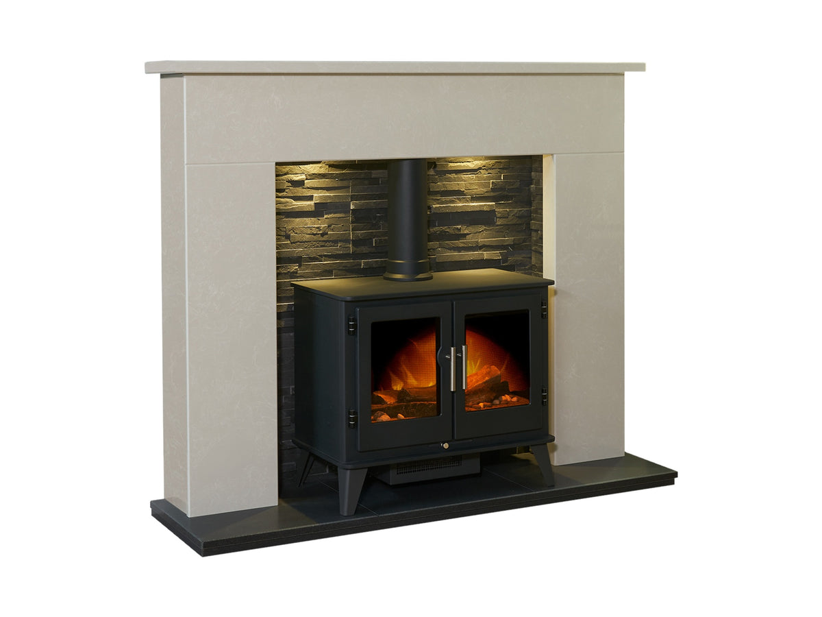 Acantha Toledo Perola Marble Fireplace with Adana Electric Stove in Charcoal Grey & Downlights, 54 Inch – view 7