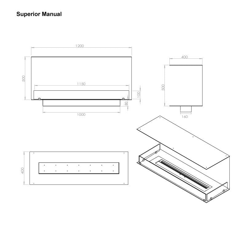 FOCO Three 1200 Built-in Bioethanol Fireplace - technical drawing