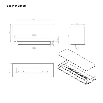 FOCO Three 1200 Built-in Bioethanol Fireplace - technical drawing