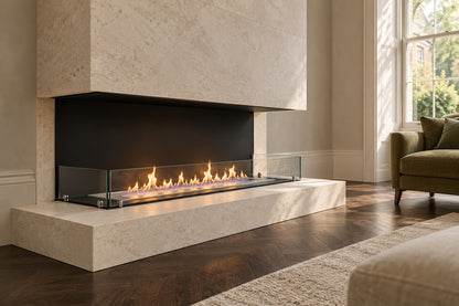 FOCO Three 1200 Built-in Bioethanol Fireplace - AI-generated room visualisation; surrounding construction and furnishings are not included