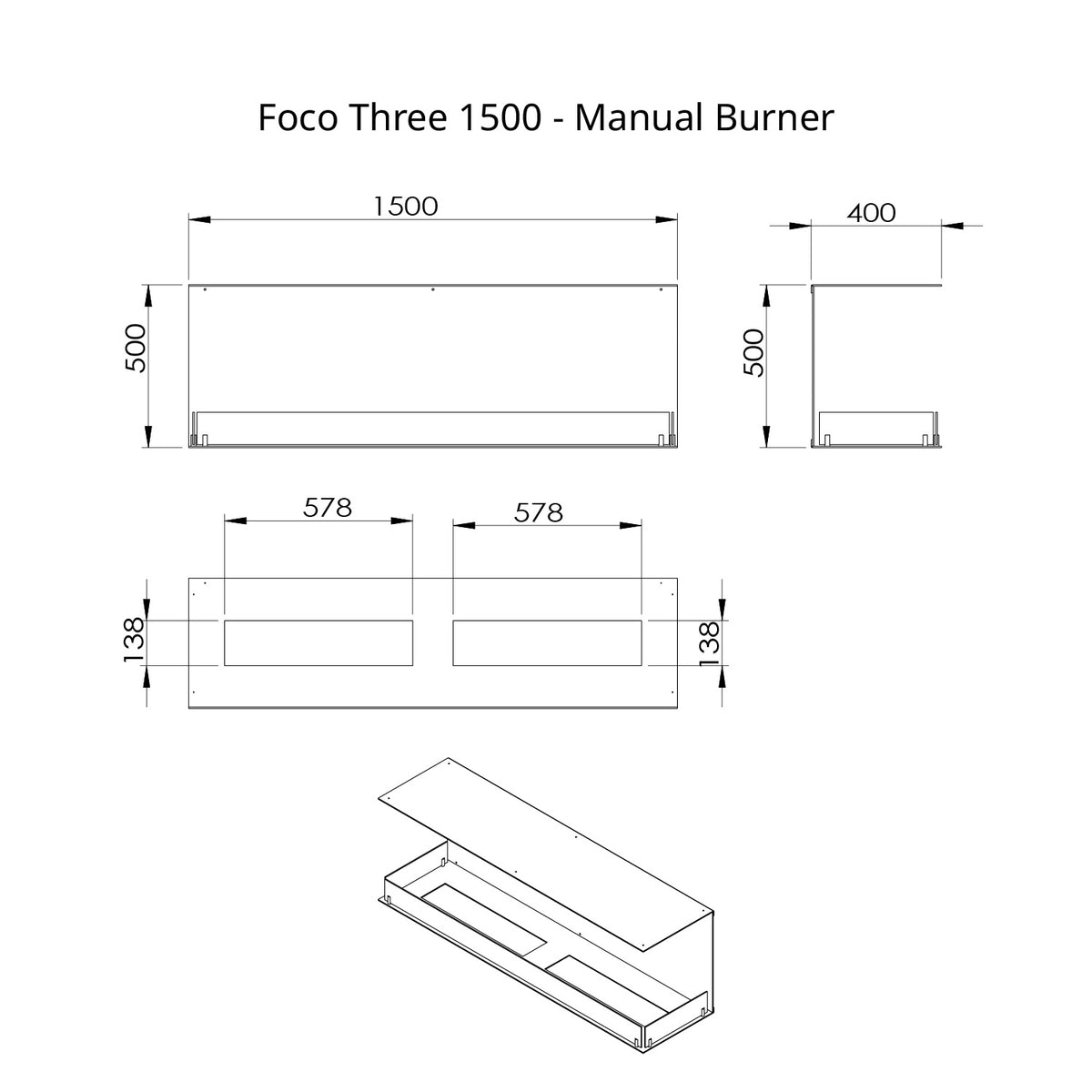 FOCO Three 1500 Built-in Bioethanol Fireplace - technical drawing