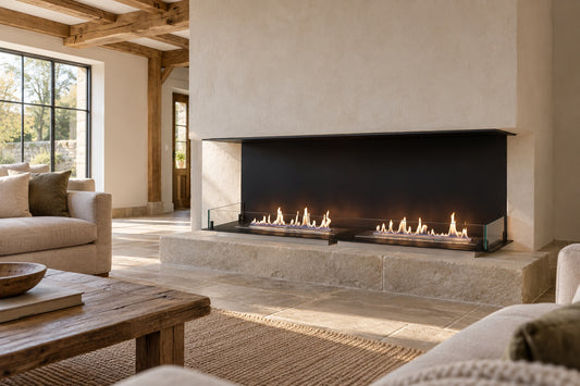 FOCO Three 1500 Built-in Bioethanol Fireplace - AI-generated room visualisation; surrounding construction and furnishings are not included
