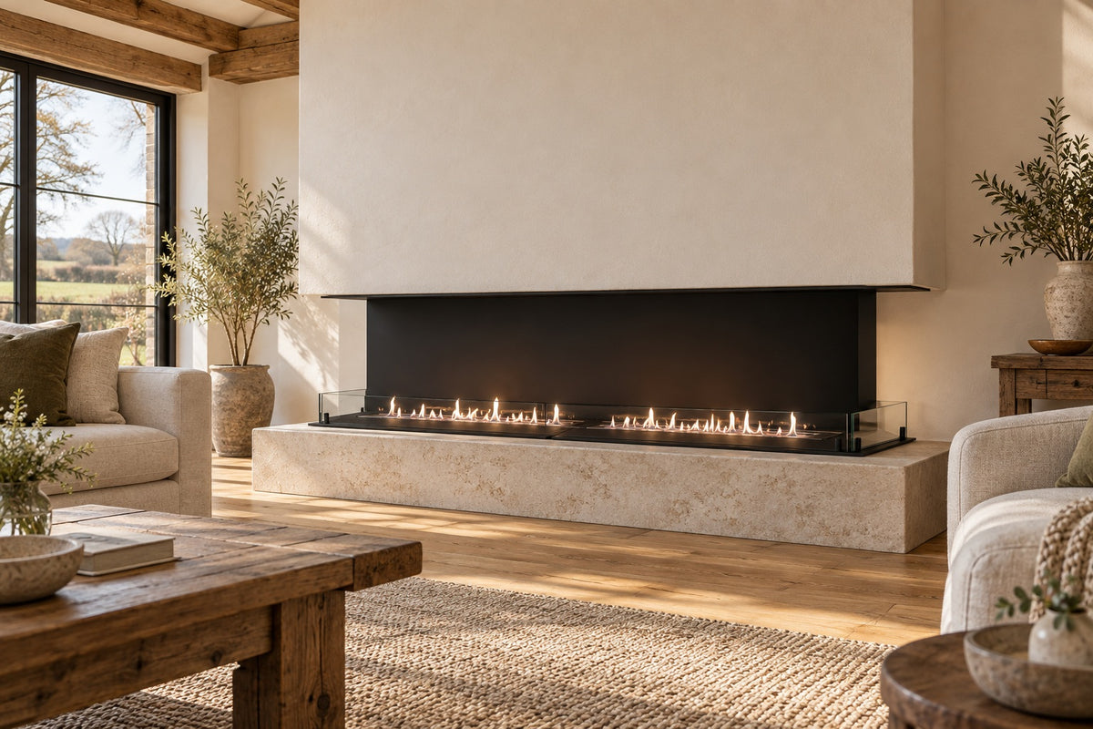FOCO Three 1800 Built-in Bioethanol Fireplace - AI-generated home room visualisation, not an actual installation