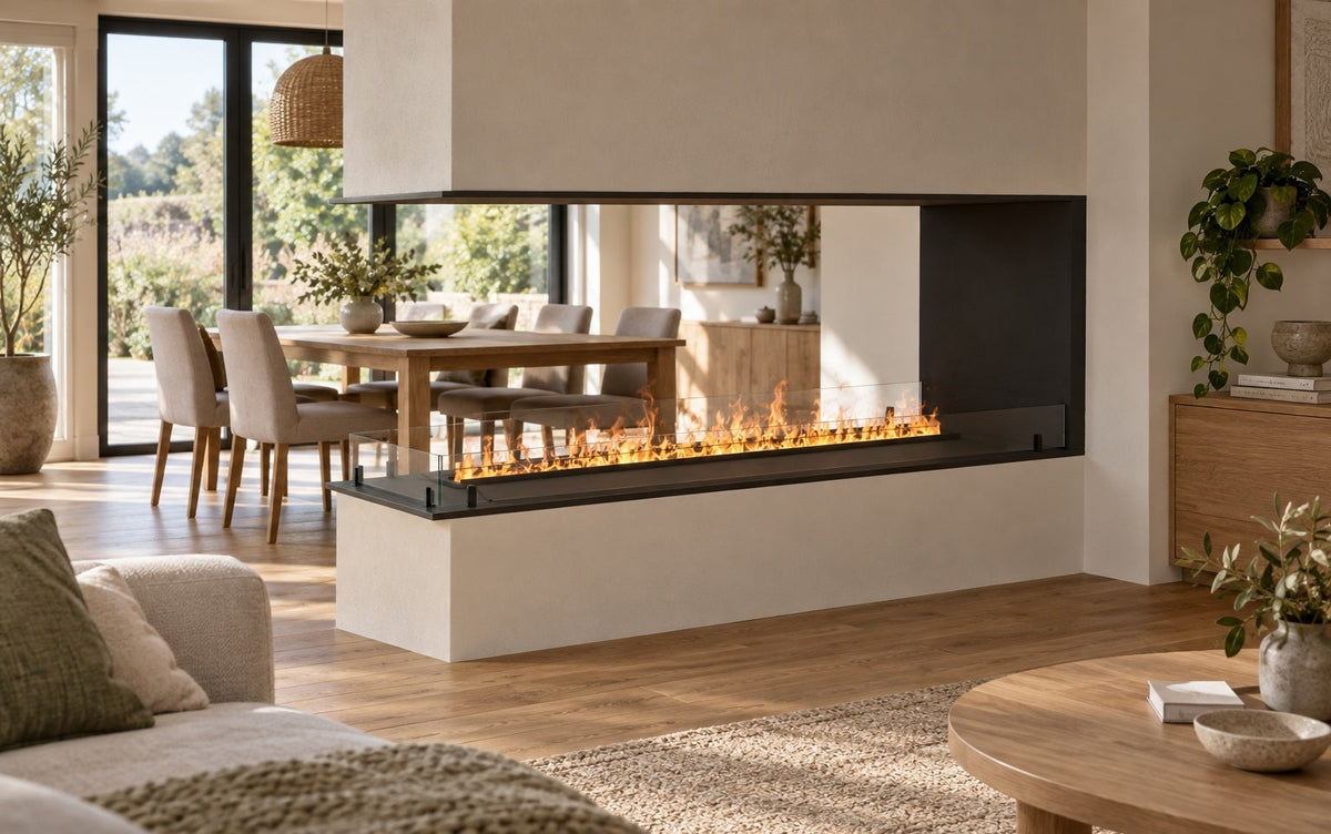 FOCO Myst room divider 1200 water vapour fireplace in a contemporary home setting