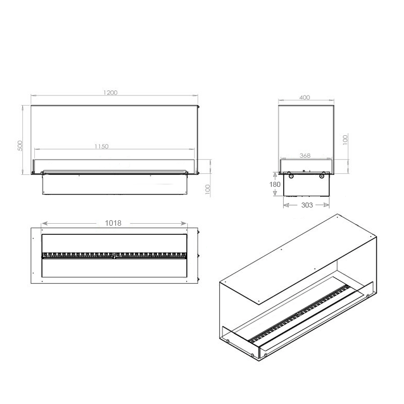 FOCO Myst Corner Left 1200 Water Vapour Fireplace - technical drawing