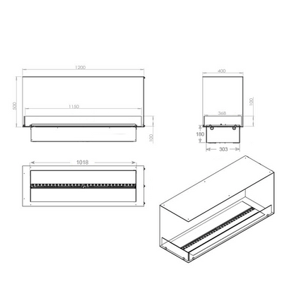 FOCO Myst Corner Left 1200 Water Vapour Fireplace - technical drawing
