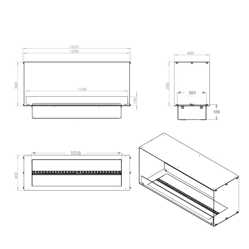 FOCO Myst Two 1200 Water Vapour Fireplace - technical drawing