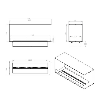 FOCO Myst Two 1200 Water Vapour Fireplace - technical drawing