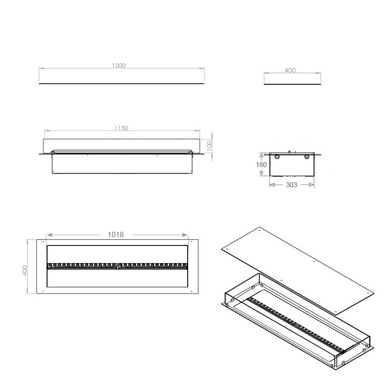 FOCO Myst Four 1200 Water Vapour Fireplace - technical drawing