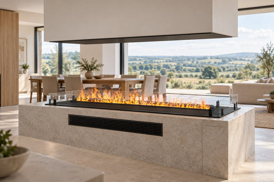 FOCO Myst Four 1200 Water Vapour Fireplace - AI-generated room visualisation; surrounding construction and furnishings are not included
