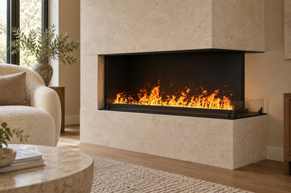 FOCO Myst Corner Right 1200 Water Vapour Fireplace - AI-generated home room visualisation, not an actual installation