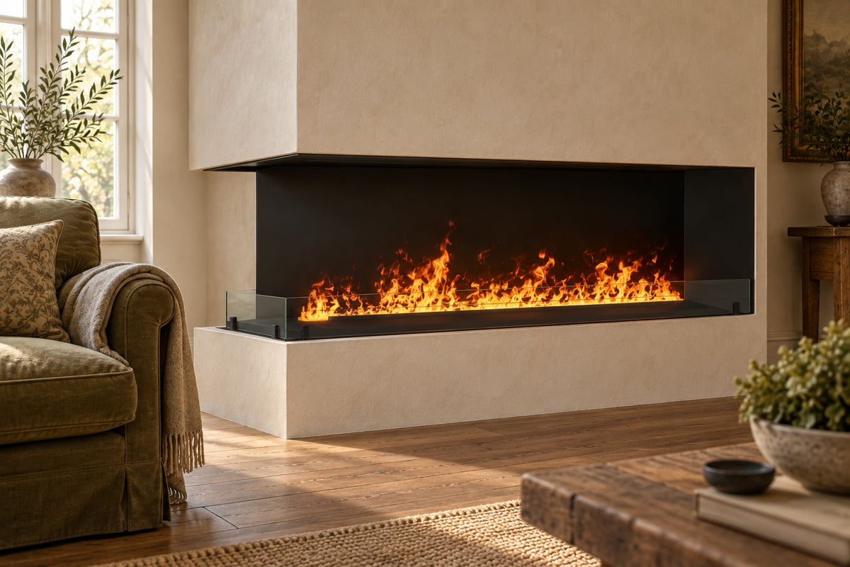 FOCO Myst Corner Left 1200 Water Vapour Fireplace - AI-generated home room visualisation, not an actual installation