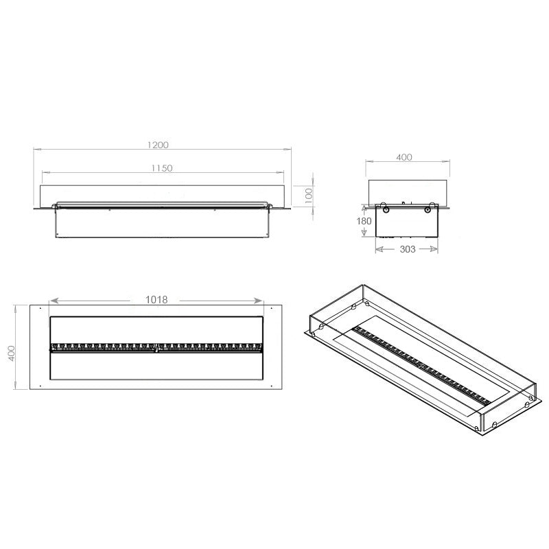 FOCO Myst Free 1200 Water Vapour Fireplace - technical drawing