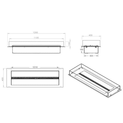FOCO Myst Free 1200 Water Vapour Fireplace - technical drawing