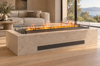 FOCO Myst Free 1200 Water Vapour Fireplace - AI-generated room visualisation; surrounding construction and furnishings are not included