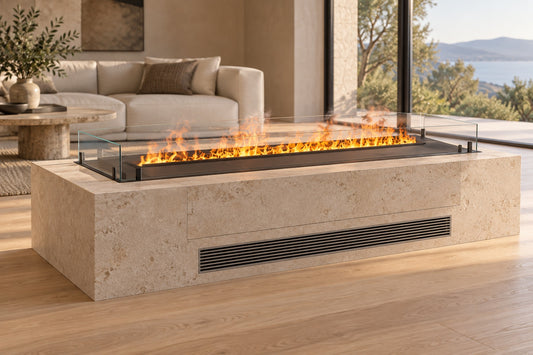 FOCO Myst Free 1200 Water Vapour Fireplace - AI-generated room visualisation; surrounding construction and furnishings are not included