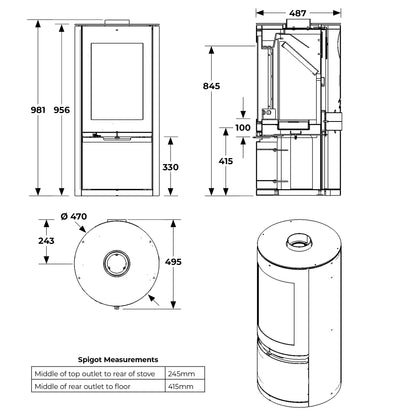 MI Fires Rondo with Door 4.9kW Woodburning — dimensional drawing